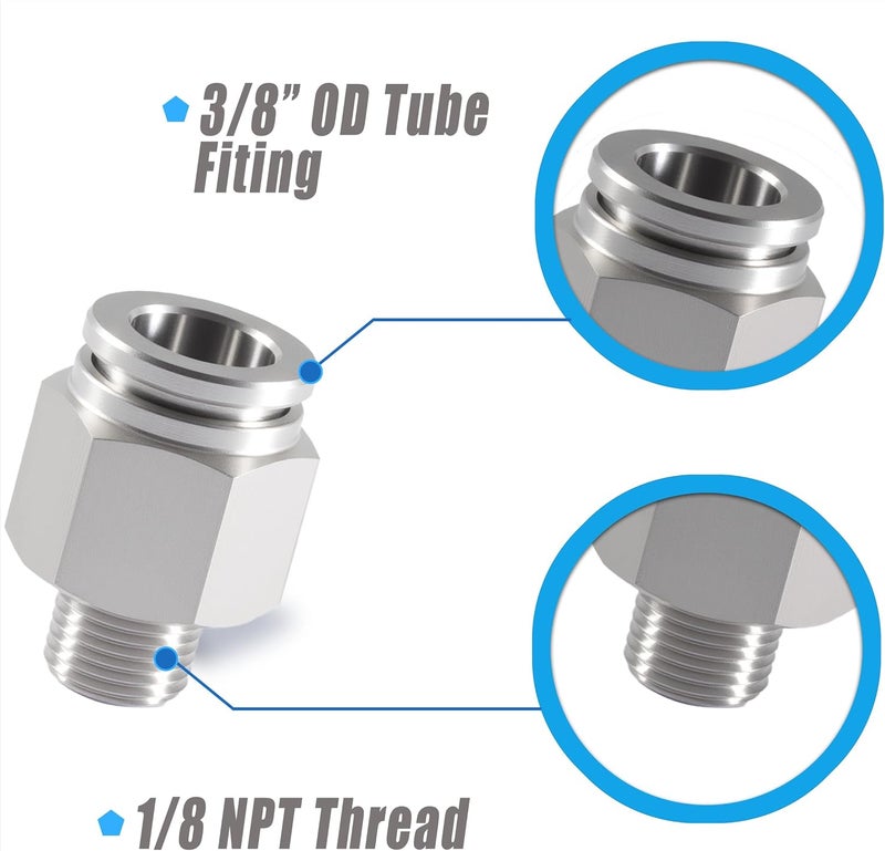 MSAEIQUN Stainless Steel 3/8 Air hose fittings, Push to Connect Air fittings Male Straight 3/8 Inch Tube OD x 1/8 NPT Thread Fitting (Pack of 2) - Image 2